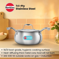 Hawkins Pro 2 Litre Handi with Lid, Triply Stainless Steel Sauce Pan for Cooking and Serving Biriyani, Silver (PSH20S)