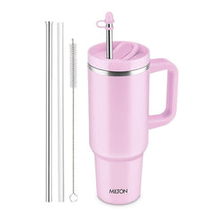 MILTON Malmo 1200 Thermosteel Double Wall Vacuum Insulated Stainless Steel Water Tumbler with Handle 1100ml,Travel Mug with Straw,Silicon Cap,Cleaning Brush,Hot & Cold Beverage Flask, Cream