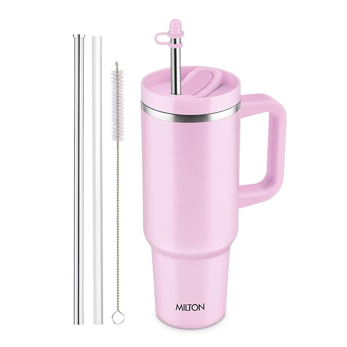 MILTON Malmo 1200 Thermosteel Double Wall Vacuum Insulated Stainless Steel Water Tumbler with Handle 1100ml,Travel Mug with Straw,Silicon Cap,Cleaning Brush,Hot & Cold Beverage Flask, Cream
