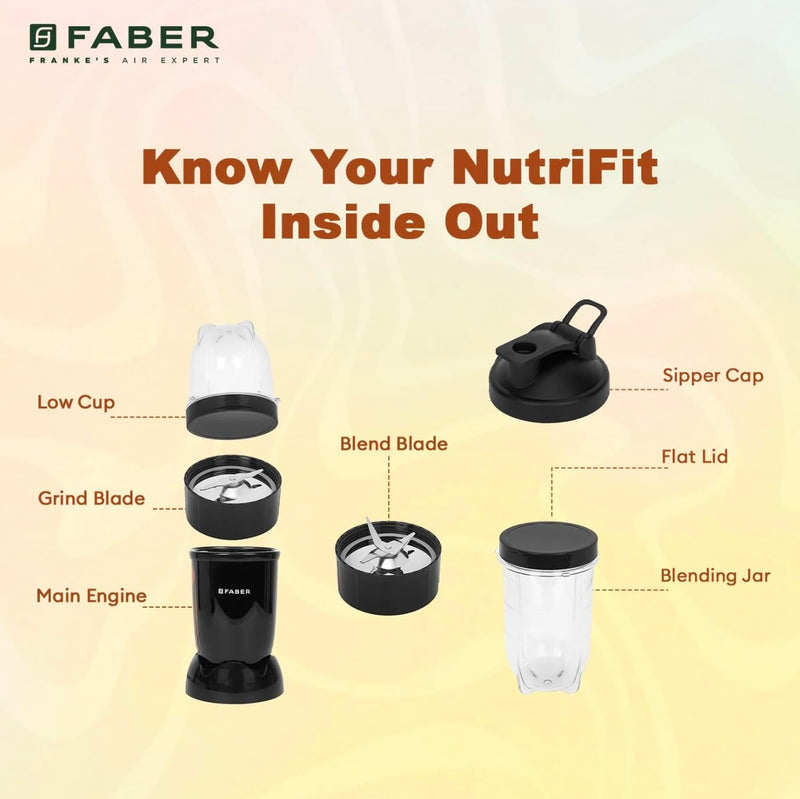 Faber Sportz 2-in-1 Nutrifit Nero Blender Mixer Grinder - 550W, 100% Copper Motor, Detachable SS Blade, 500ML & 300ML Ja