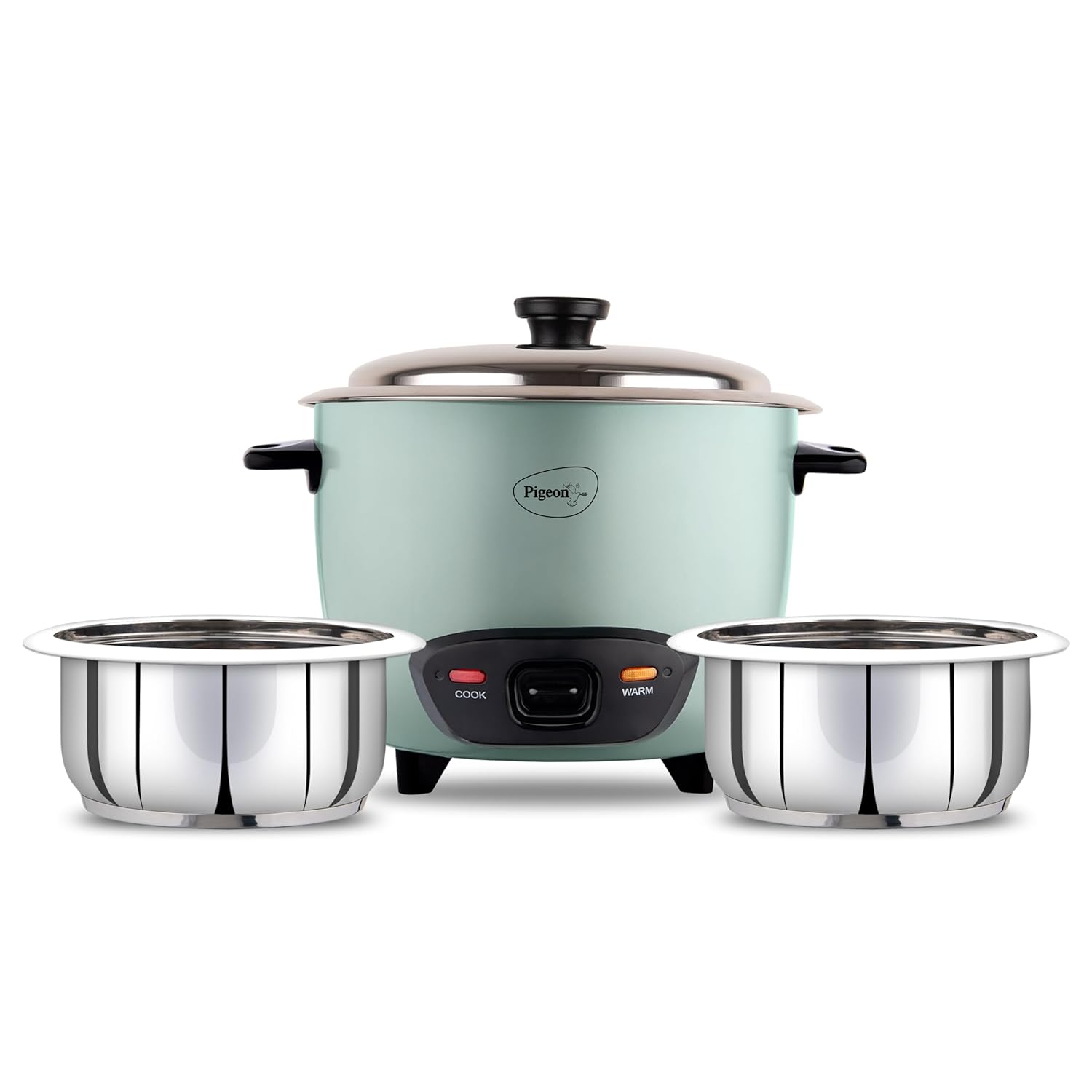 Pigeon Inox Rice Cooker with Double pot, 1.8 litres | Stainless Steel Lid | 700 Watts | 2 Steel Cooking Pot | Measuring Cup | Spatula | Energy Efficient Cooking