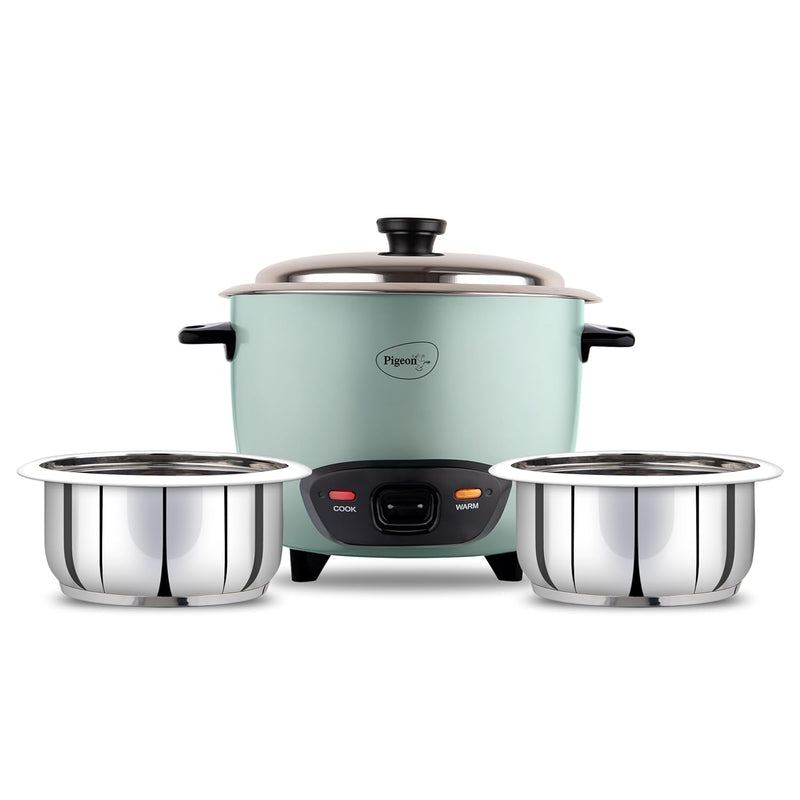 Pigeon Inox Rice Cooker with Double pot, 1.8 litres | Stainless Steel Lid | 700 Watts | 2 Steel Cooking Pot | Measuring Cup | Spatula | Energy Efficient Cooking