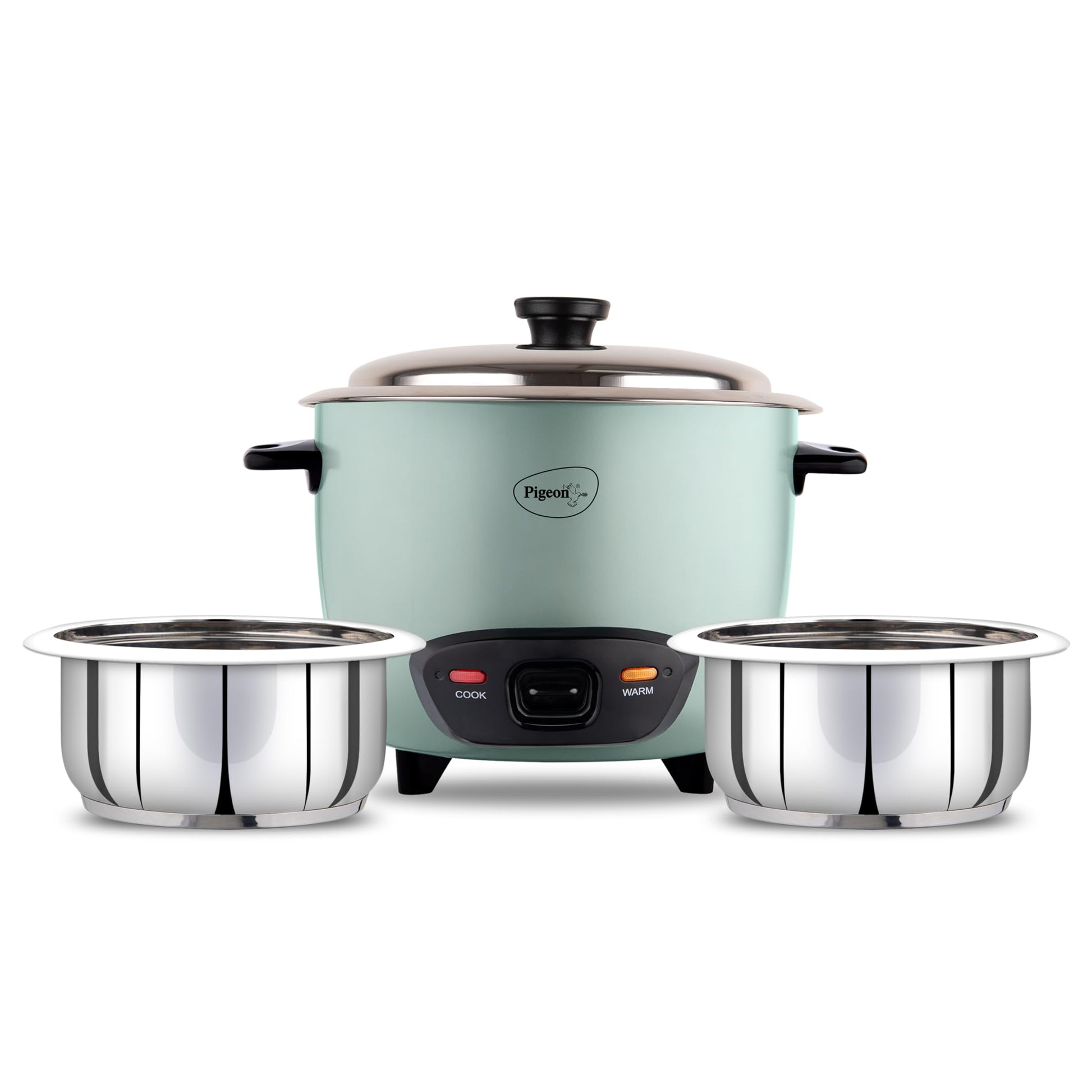 Pigeon Inox Rice Cooker with Double pot, 1.8 litres | Stainless Steel Lid | 700 Watts | 2 Steel Cooking Pot | Measuring Cup | Spatula | Energy Efficient Cooking
