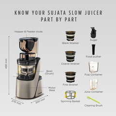 Sujata Cold Pressed Slow Juicer SJ01 | Ideal for Fruit, Vegetable Juices, Nut Milks, Smoothies & Frozen Desserts | Dual Feeding Chute | Reverse Function | Magnetic Safety Lock