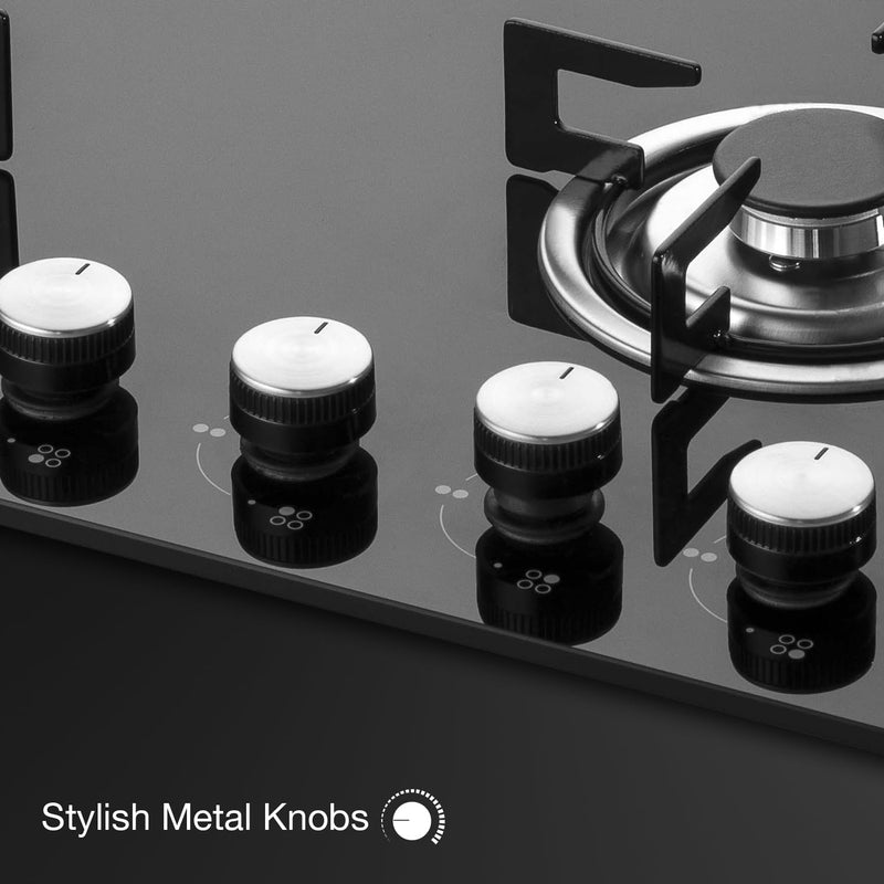 KAFF | 60CM 4 Burners Built-in Hob/Hobtop For Modular kitchen | Auto Electric Ignition | Italian Burner, Enamelled Matt Finish | Easy Grip Knobs | 8 MM Toughened Glass | Black | NE4B60GFX