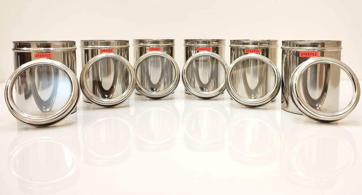 STEEPLE 1 Litre Stainless Steel Containers for kitchen with See Through Lid | Ubha Dabba | Vertical Canisters, Silver Pack Of 6