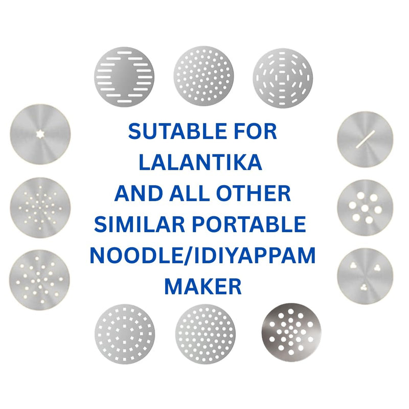 12-Pack Stainless Steel Replacement Discs – Interchangeable Molds/Dies for Handheld Murukku Maker, Idiyappam Noodle Maker, Sev, Pasta & More Compatible with All Automatic Noodle Makers (12)