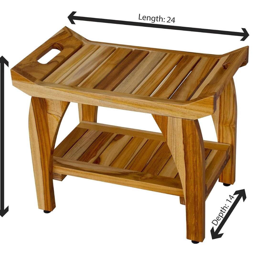 Teak Wood Shower Bench - Waterproof, Durable, Compact Spa Stool for Indoor & Outdoor Use - Non-Slip Rubber Feet