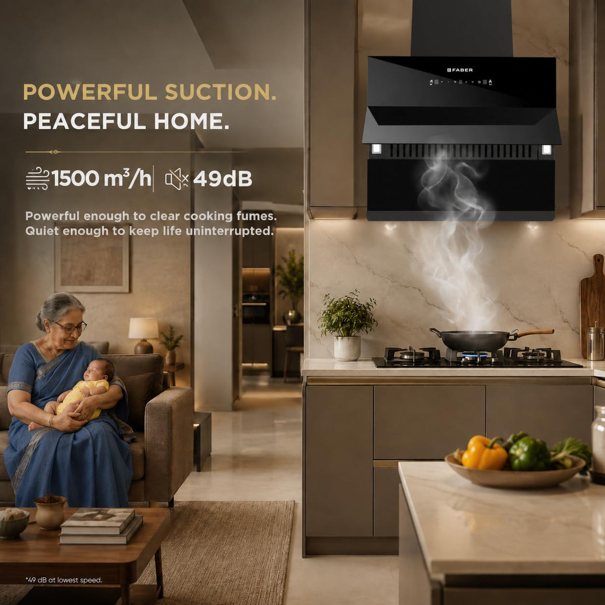 Faber Energy 60cm 1500m³/hr BLDC Autoclean Chimney|9 Speed Silent Hood|Energy Efficient|Filterless |Touch&Gesture Contro