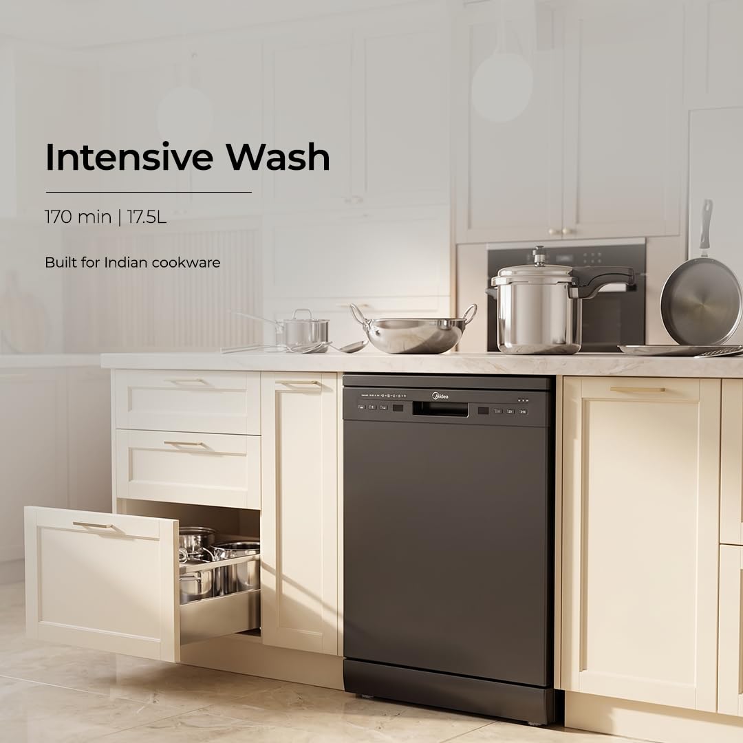 Midea 13 Place Setting Freestanding Dishwasher, 7 Wash Programs, Intensive 70°C, Glass Care Mode (MDWPF1301F(B) IN, ECO & Rapid Wash, Fully Automatic, Suitable for Indian Kitchen)