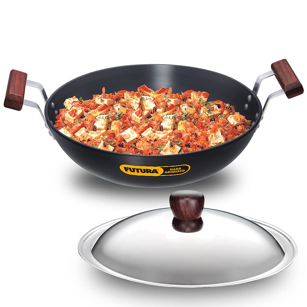 Hawkins Futura 1.5 Litre Deep Fry Pan, Hard Anodised Kadai with Glass Lid, Round Bottom Kadhai, Small Kadai, Black (AK15G)