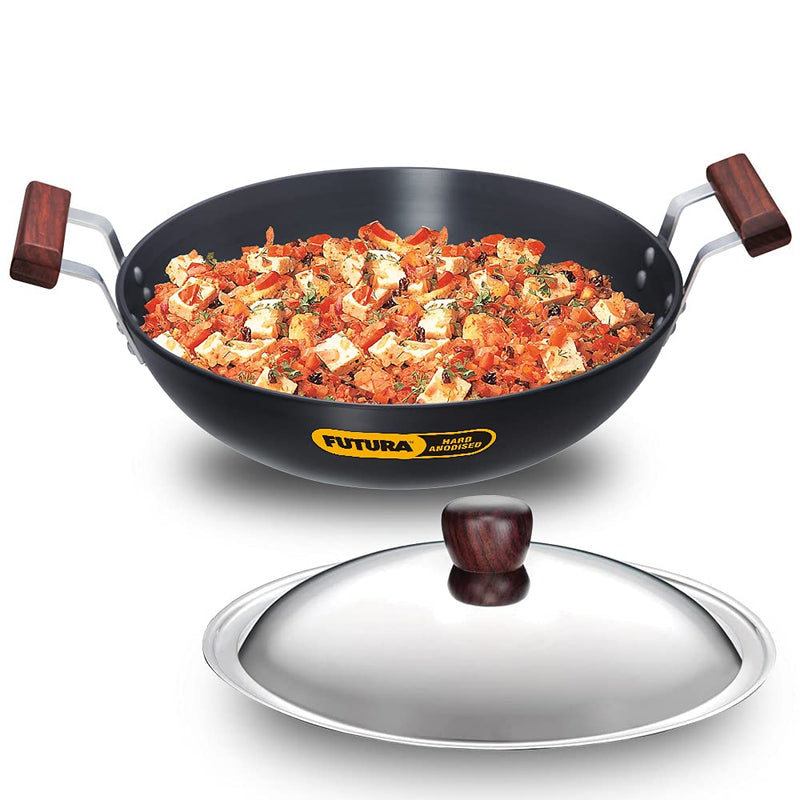Hawkins Futura Hard Anodised Deep-Fry Pan 1.5 L, 22 cm, 3.25 mm (Kadhai) with SS lid