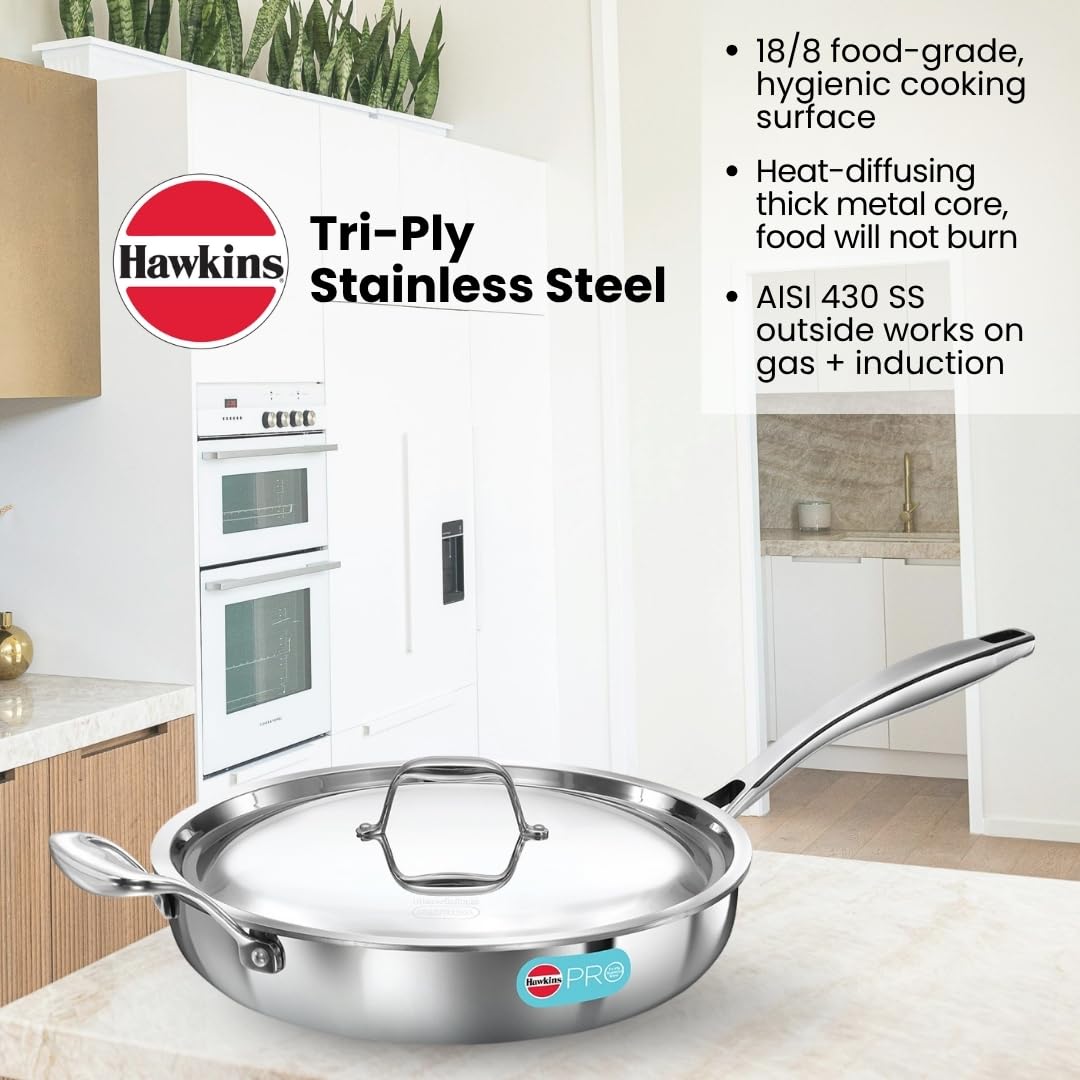 Hawkins Pro 26 cm Frying Pan, Triply Stainless Steel Fry Pan with Stainless Steel Handle and Stainless Steel Lid, Silver (PSF26S)