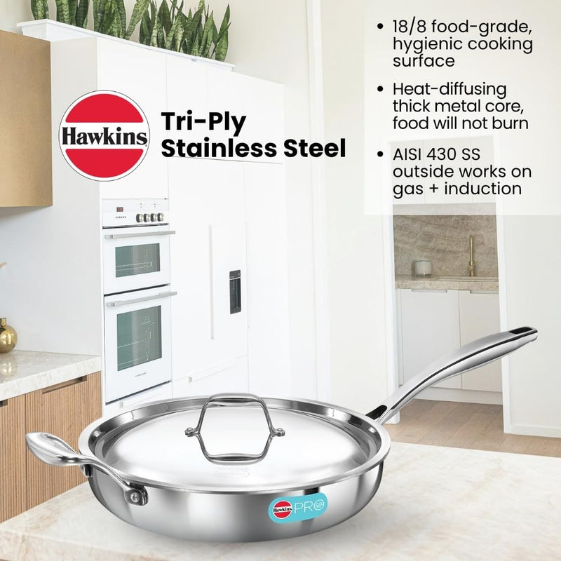 Hawkins Pro 26 cm Frying Pan, Triply Stainless Steel Fry Pan with Stainless Steel Handle and Stainless Steel Lid, Silver (PSF26S)