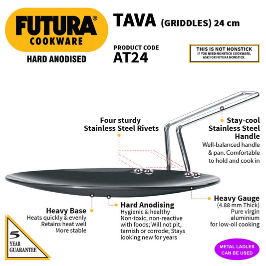 Hawkins Futura 24 cm Tava, Hard Anodised Tawa with Stainless Steel Handle, Black (AT24)
