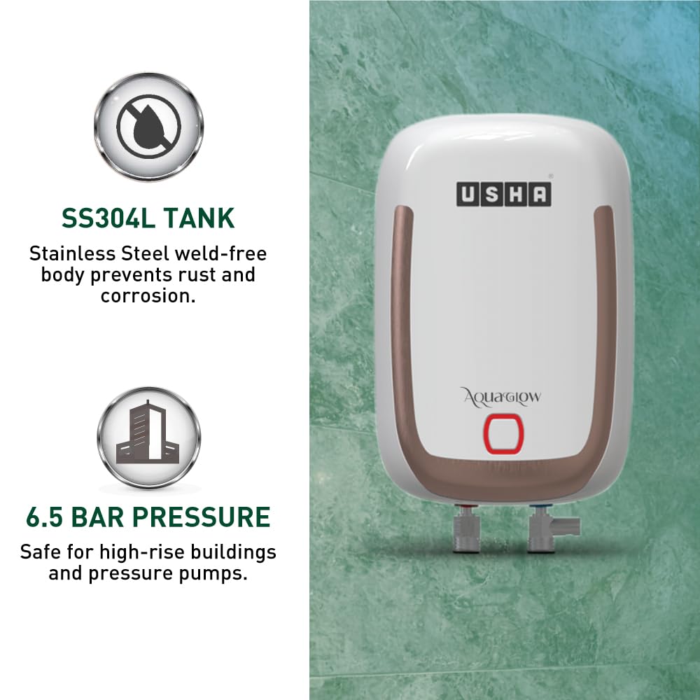 USHA IWH AQUAGLOW 3L 3KW WHITE, With Free Installation and Connection Pipes