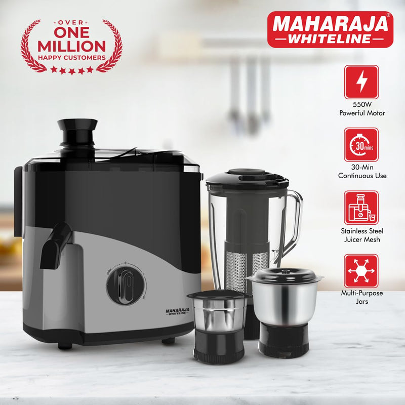 Maharaja Whiteline Odacio Plus 550-Watt Juicer Mixer Grinder With 3 Versatile Jars | Food Grade Safe | 2 year warranty (Black & Silver), 550 Watts