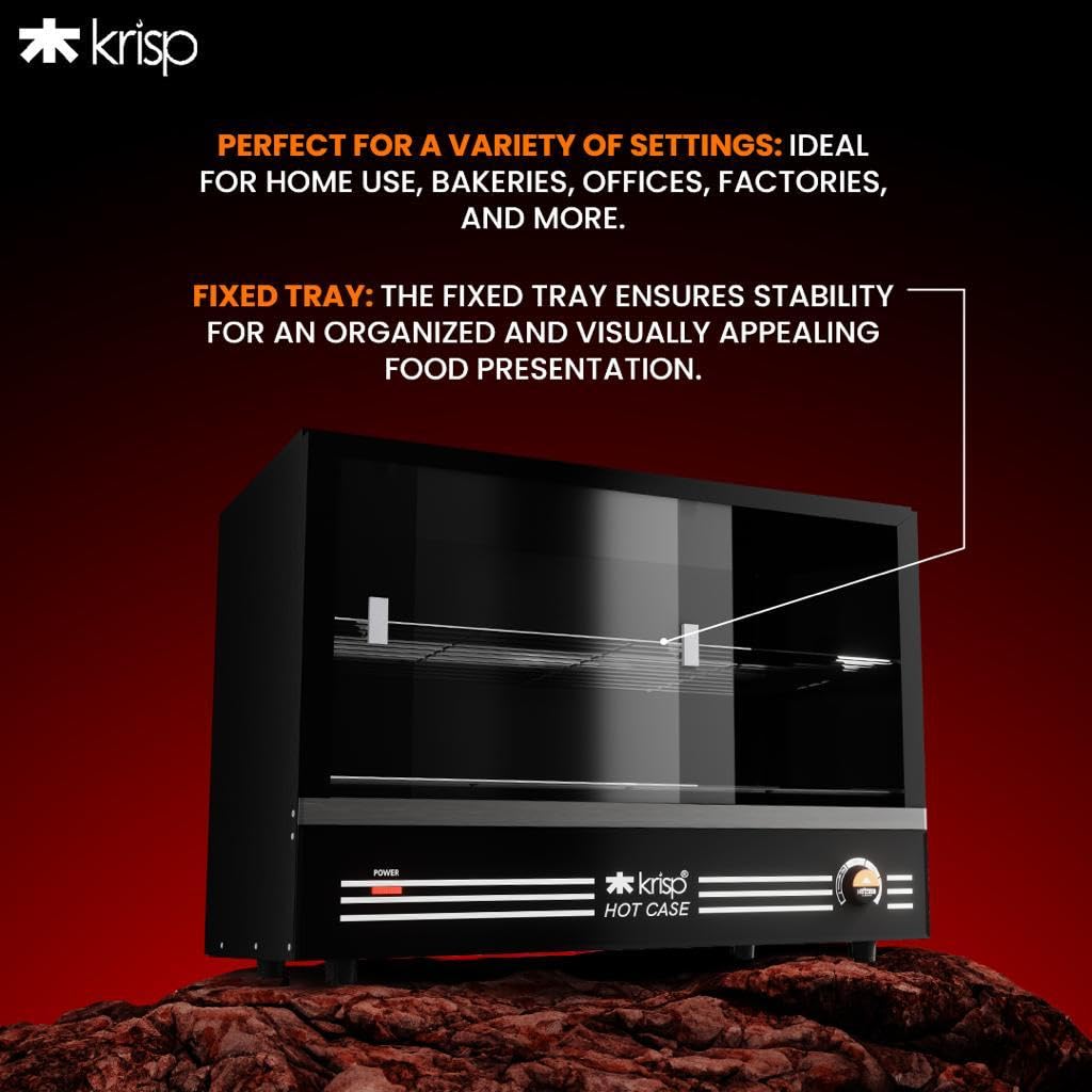 KRISP Electric Patties Hot Case with Sliding Door | Commercial Food Warmer Oven for Bakery, Fast Food Counter | Buffet Oven for Puff Warmer Machine for Shop | 48 Litre Capacity (Black) 700 Watts