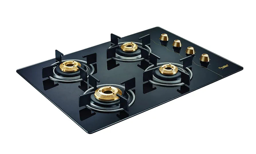 Prestige Euro Glass Top Gas Stove with Toughened Glass Top, Powder Coated Body, 4 Burners, Manual, Black, Brass