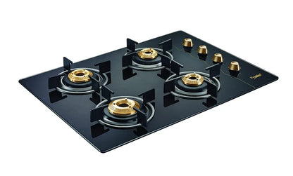 Prestige Euro Glass Top Gas Stove with Toughened Glass Top, Powder Coated Body, 4 Burners, Manual, Black, Brass