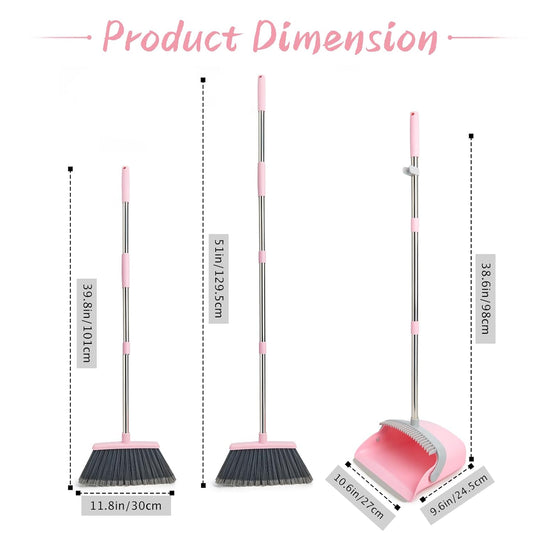 Broom and Dustpan Set, Efficient Floor Cleaning with Broom, Long Handle and Standing Dustpan with Comb Teeth, Adjustable Handle for Home Kitchen Office Lobby(Gray Pink)