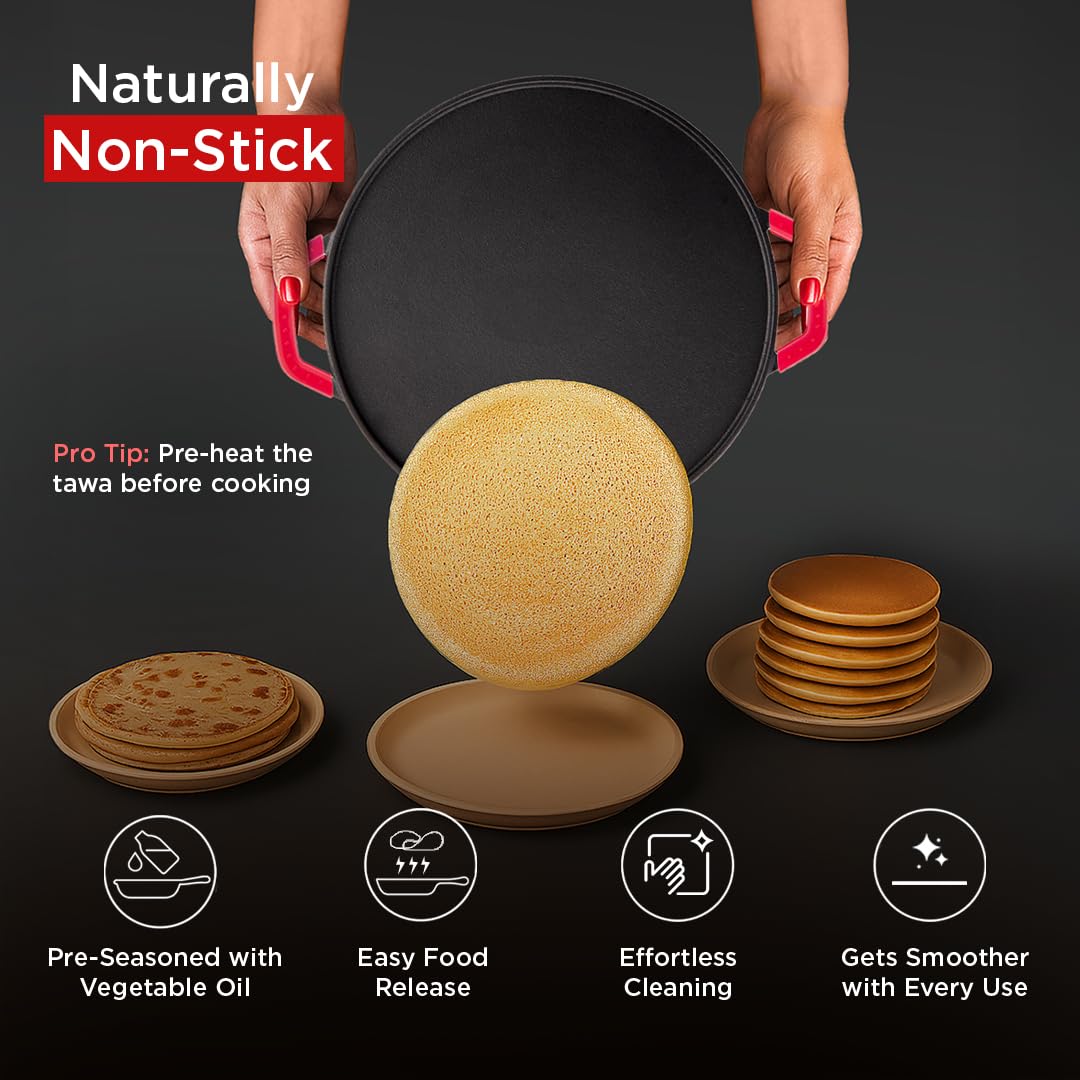 Pigeon by Stovekraft Pre-Seasoned Cast Iron Tawa 30 cm | Pre-Seasoned with 100% Vegetable Oil | Naturally Nonstick | Hig