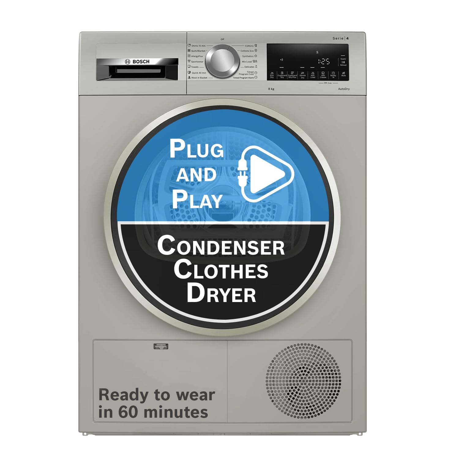 Bosch 8 kg Fully Automatic Front Load Condenser Tumble Dryer (WPG23108IN, 5 Drying Options, 14 Programs, Allergy Plus, 100% Drying with 0% Effort, Inbuilt Heater, Silver)