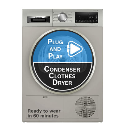 Bosch 8 kg Fully Automatic Front Load Condenser Tumble Dryer (WPG23108IN, 5 Drying Options, 14 Programs, Allergy Plus, 100% Drying with 0% Effort, Inbuilt Heater, Silver)