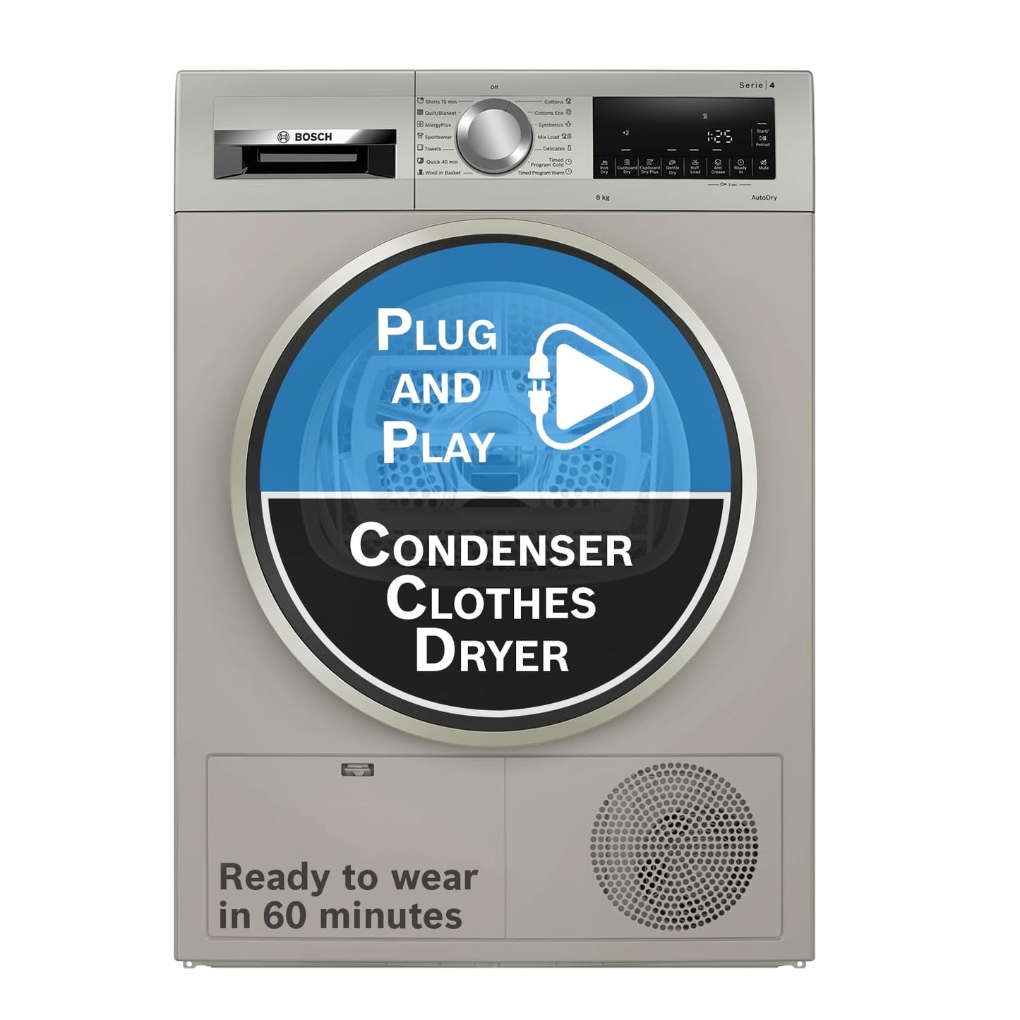 Bosch 8 kg Fully Automatic Front Load Condenser Tumble Dryer (WPG23108IN, 5 Drying Options, 14 Programs, Allergy Plus, 100% Drying with 0% Effort, Inbuilt Heater, Silver)