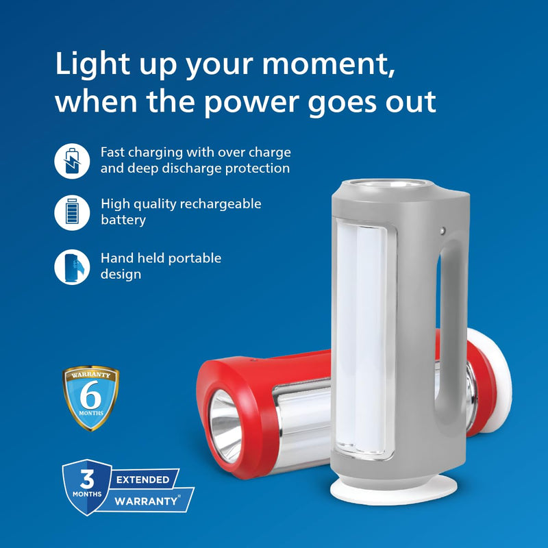 PHILIPS Helio Multi-Functional Emergency Rechargeable LED Lantern| 3 Lighting Modes and Dimmability Brightness Control Method|2200 mAH Battery, Grey