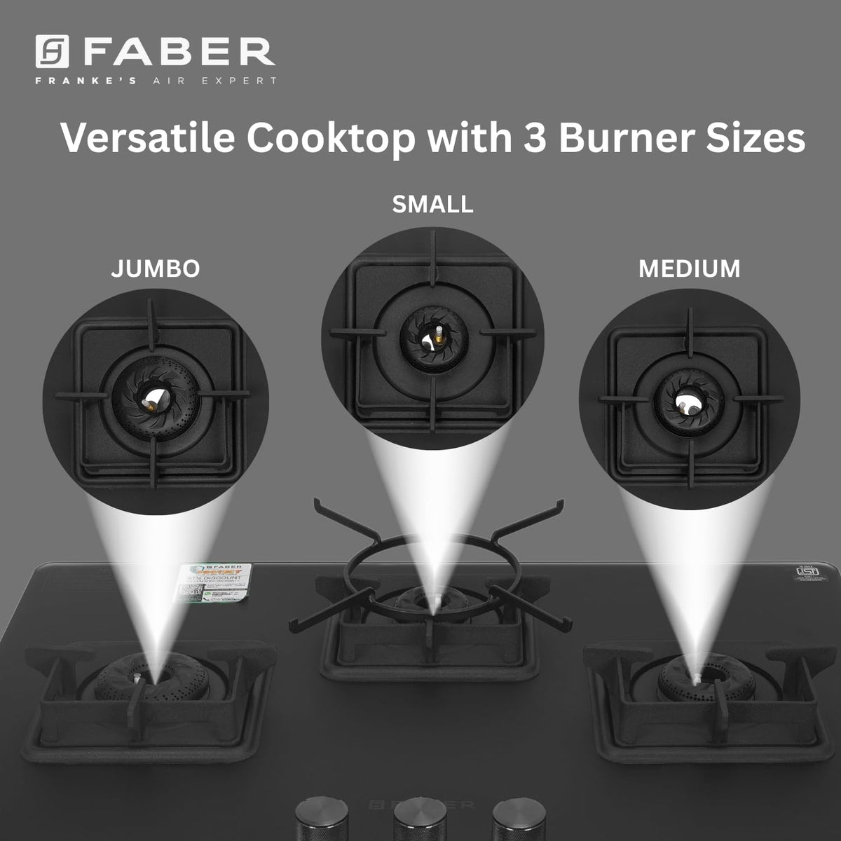 Faber Evoke 3 Burner 65Cm Cooktop |Auto Ignition| |Metal Knobs| MS Diamond coated Pan Support | Matt Black Glass Finish 