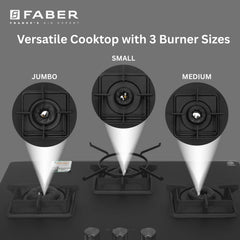 Faber Evoke 3 Burner 65Cm Cooktop |Auto Ignition| |Metal Knobs| MS Diamond coated Pan Support | Matt Black Glass Finish 