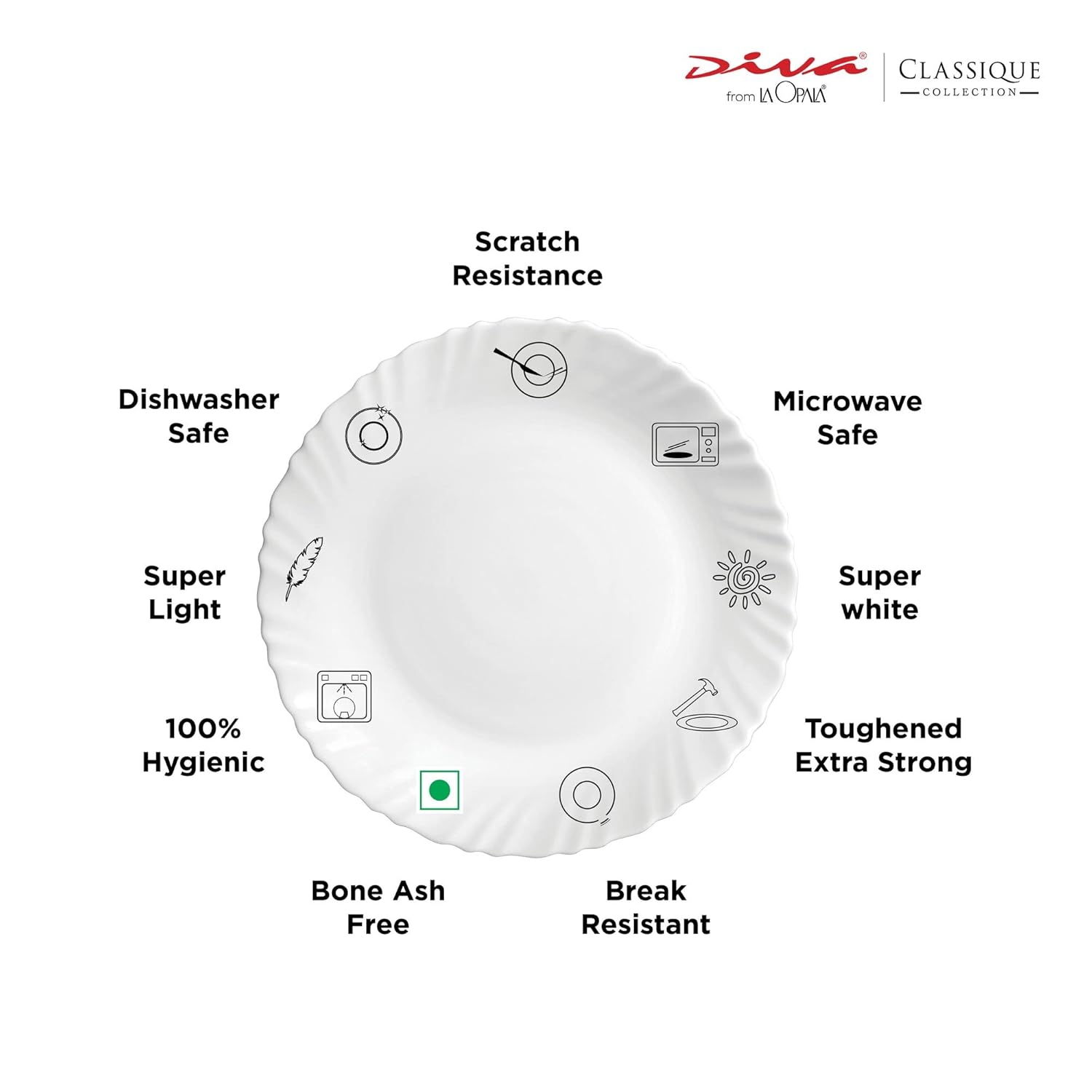 La Opala Diva Classique Collection Opal Glass Crockery | for Family of 6 | Dinner Set 19 pcs Aster Blue | Plates & Bowls for Dining | Microwave Safe | 100% Vegetarian | Extra Strong | White