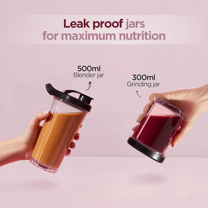 Preethi MiniBlend Compact Food and Juice Blender for Lump Free Purees, Smoothies and Protein Shakes | Razor sharp Ninja blades with 2 Leak-proof Jars, Sipper & Storage Lids | Free Lifelong Service