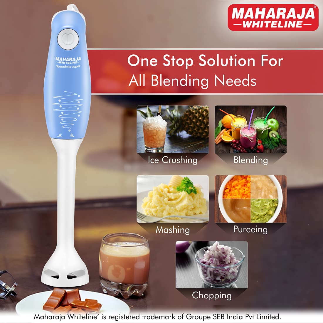 Maharaja Whiteline Hb-129 175 Watt Hand Blender, Stainless Steel Blades, Long Lasting Performance With 175W Motor, Detachable Anti Splash Plastic Foot (Blue And White, 175 Watt)
