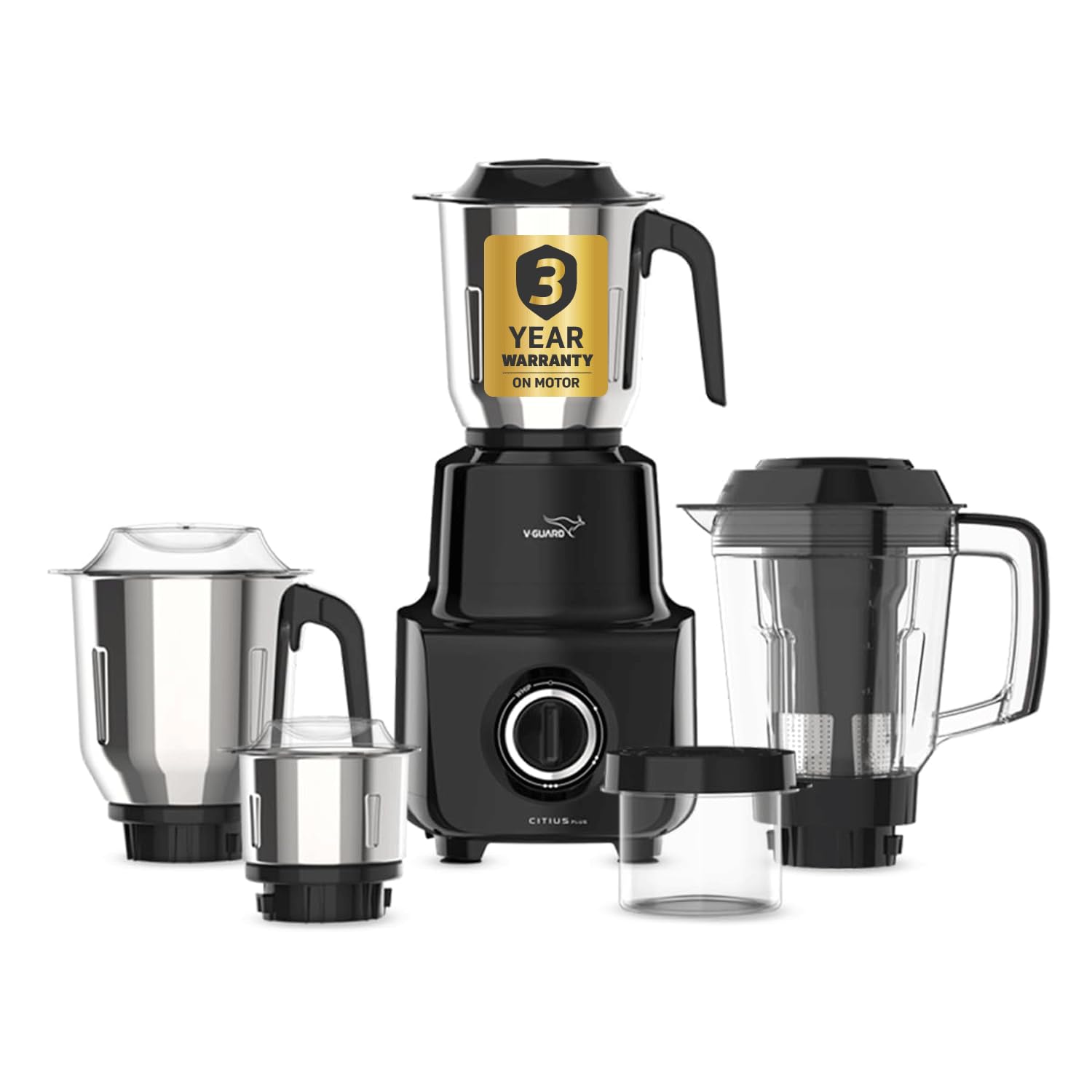 V-Guard Citius 750 Watt Juicer Mixer Grinder (New Launch) |3 Year Motor Coverage by V-Guard | 4 Jars | Juicer, Wet, Chutney & Dry| Sturdy Juicer Jar | Precision Blend SS Blades | Black