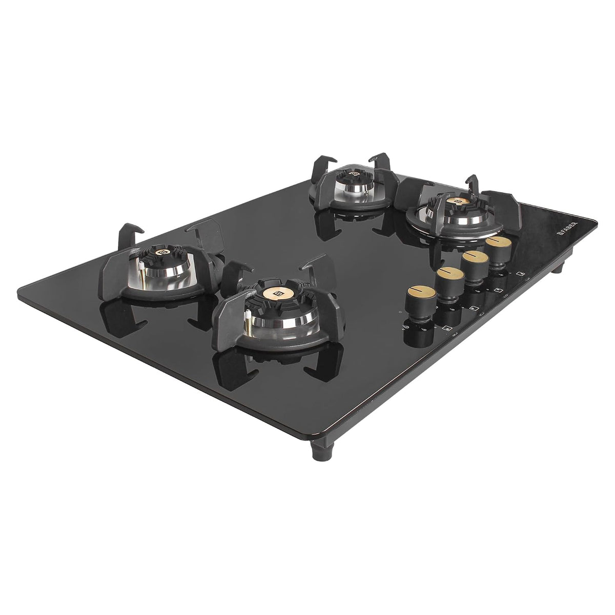 Faber Hob/Hobtop 4 Brass Burner Auto Electric Ignition Glass Top (Maxus HT784 CRS BR CI AI) Black, Glass and Mild Steel