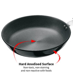 Hawkins Futura 22 cm Frying Pan, Hard Anodised Fry Pan with Stainless Steel Lid, Induction Compatible, Black