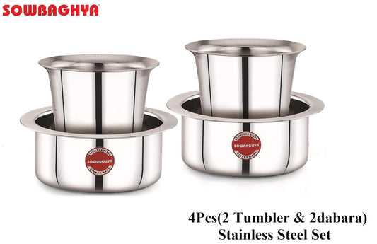 SOWBAGHYA Stainless Steel Dabara Set (4Pcs) | Dabara- 2 Nos, Tumbler- 2Nos| Tea Dabara Set | South Indian Coffee | Serving Drinkware | Stainless Steel Dabaraset