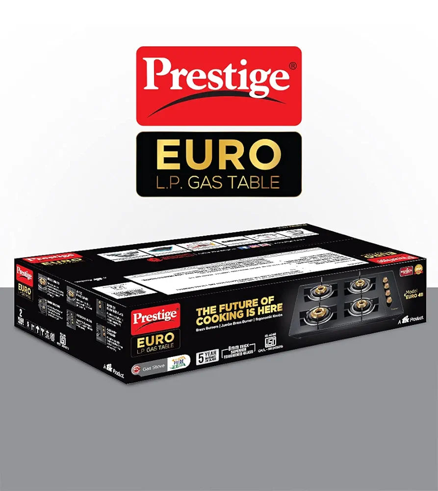 Prestige Euro Glass Top Gas Stove with Toughened Glass Top, Powder Coated Body, 4 Burners, Manual, Black, Brass
