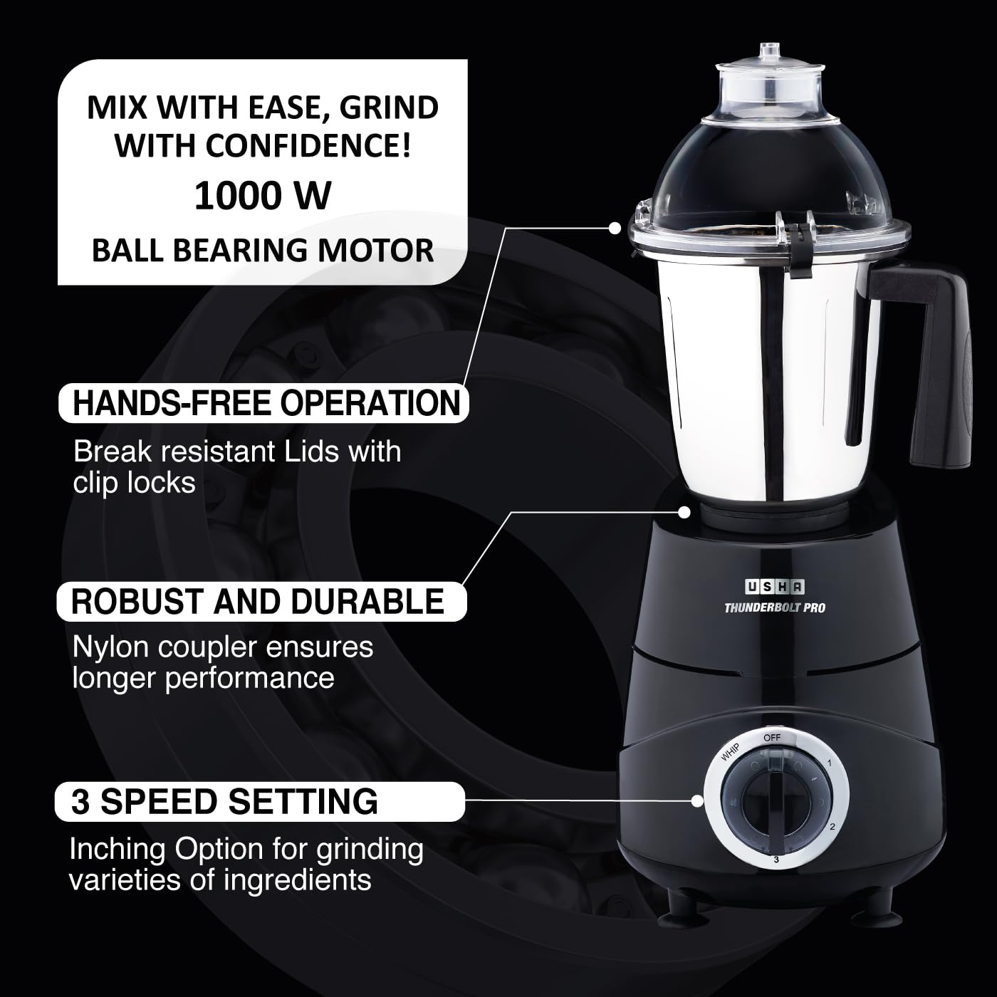 USHA Thunderbolt Pro 1000 Watt with 4 Jars, 100% Copper Ball-Bearing Motor, Handsfree operation, 4 Jars, Fruit Filter, 3-Speed Setting with Inching option, 5 Years Warranty on Motor (Black)