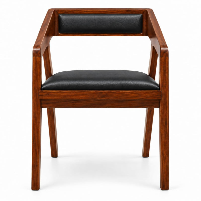 Solid Sheesham Wood Arm Chair With PU Leather Cushion – Modern Study Chair For Office Room, Dining Room, Living