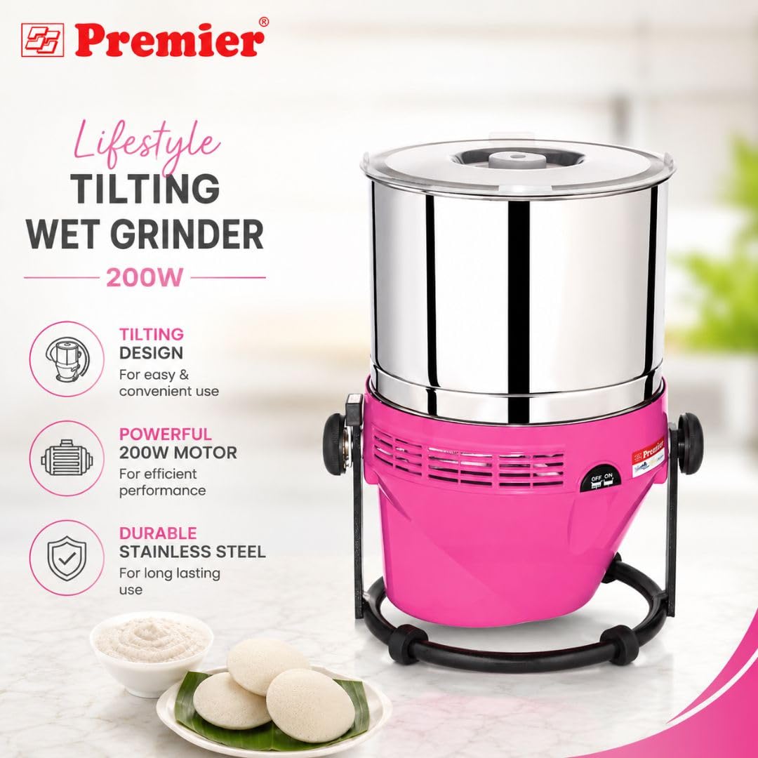 Premier Lifestyle टिल्टिंग वेट ग्राइंडर PG502 2 LTR 230 V | पिंक (गुलाबी) | इनोवेटिव टिल्टिंग डिज़ाइन, शक्तिशाली 200W मोटर, स्टाइलिश फिनिश, ग्राइंडिंग बैटर्स, पेस्ट और मसालों के लिए आदर्श | 5 साल की