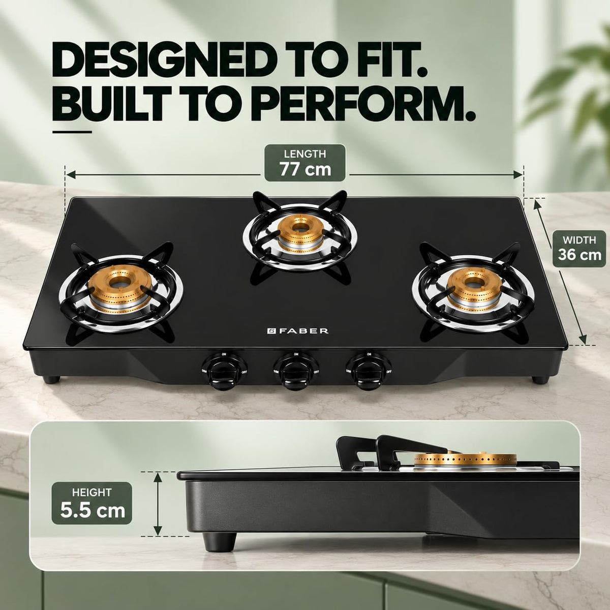 Faber Jumbo 3 Brass Burner Cooktop | 1 Jumbo, 1 Medium, 1 Small | Drip Tray | Toughened Glass | Manual Ignition | Ergono
