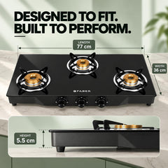 Faber Jumbo 3 Brass Burner Cooktop | 1 Jumbo, 1 Medium, 1 Small | Drip Tray | Toughened Glass | Manual Ignition | Ergono
