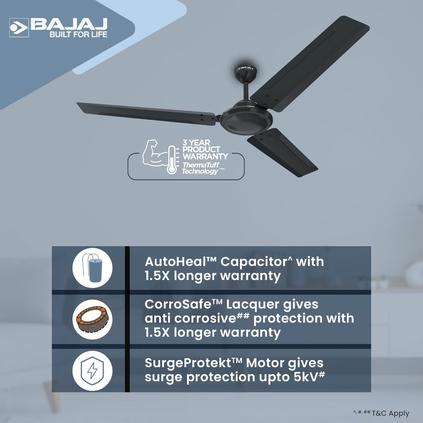 Bajaj Durato 12S1 1200MM (48") Ceiling Fans For Home | BEE Star Rated Energy Efficient Ceiling Fan | Thermatuff Technology™ | High Air Delivery & High Speed 400 RPM | 3-Yr Warranty 【Coal Mine Grey】