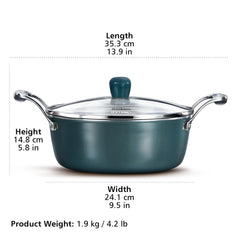 Hawkins Olive Pro 3 Litre Cook n Serve Bowl, Triply Stainless Steel Pan with Stainless Steel Handles and Glass Lid, Green (POSC30G)