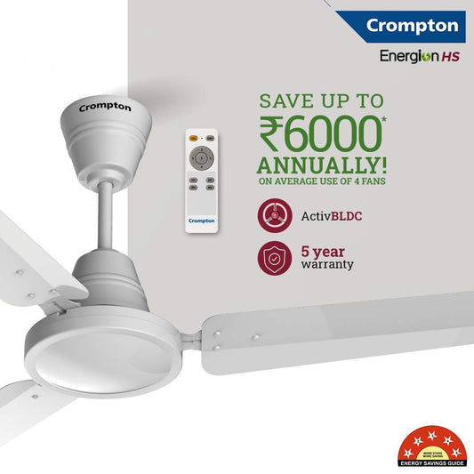 Crompton Energion HS 1200 mm BLDC Ceiling Fan with Remote Control | BEE 5 Star Energy Rating | ActivBLDC Technology | Anti-Rust | Superior Air Delivery | 5 Year Manufacturer Warranty | Opal White