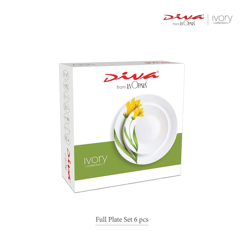 La Opala Diva Ivory Collection Opal Glass Crockery | Full Plate 11” Set of 6 | Grace Blue Design | Dinner Plate for Dining & Gifting | Microwave Safe | 100% Vegetarian | Extra Strong, Light & White