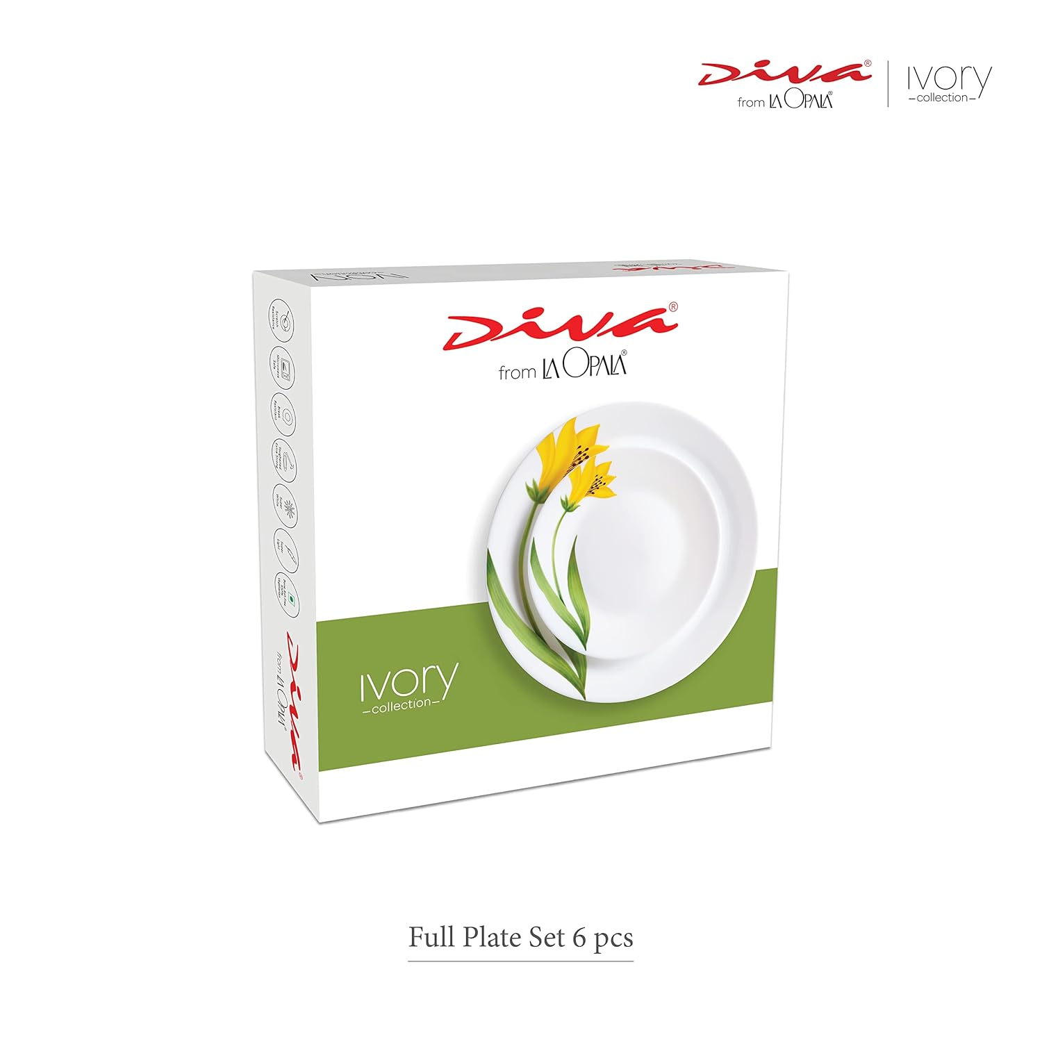 La Opala Diva, Ivory Collection, Opal Glass Full Plate Set 11" 6 pcs, Yellow Grace, White